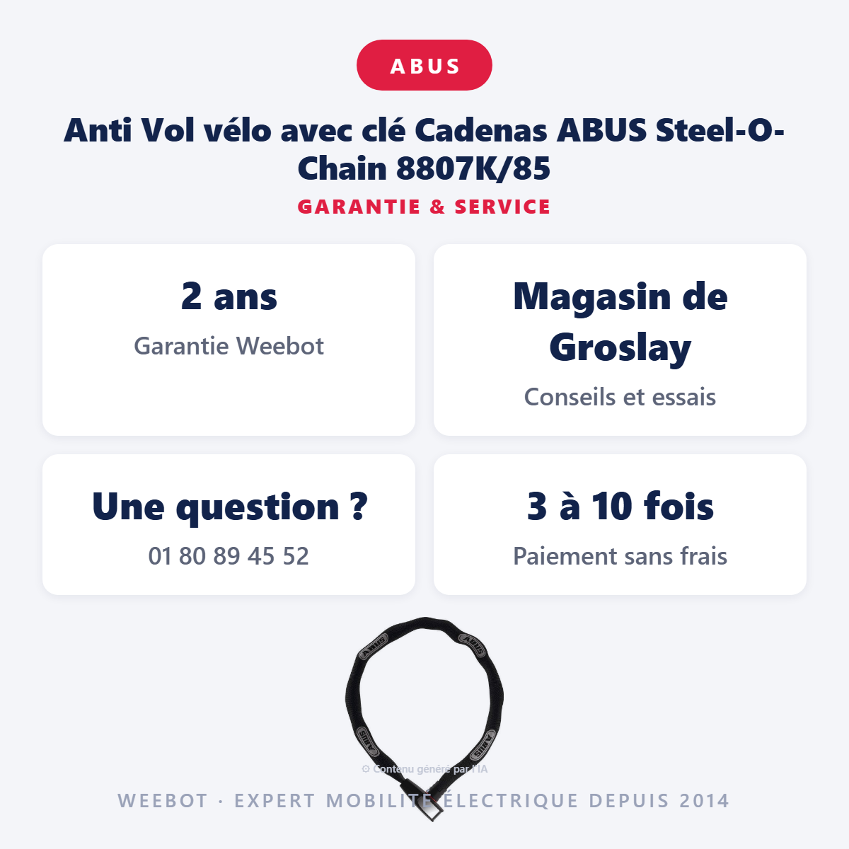 Anti Vol vélo avec clé Cadenas ABUS Steel-O-Chain 8807K/85 : garantie 2 ans et service après-vente