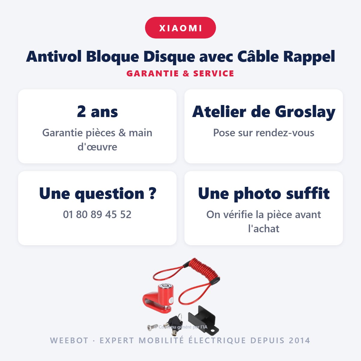Antivol Bloque Disque avec Câble Rappel : garantie 2 ans et service après-vente
