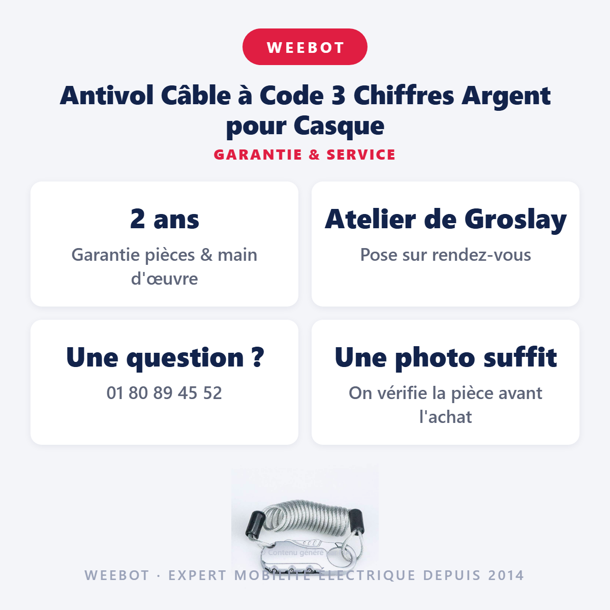 Antivol Câble à Code 3 Chiffres Argent pour Casque : garantie 2 ans et service après-vente