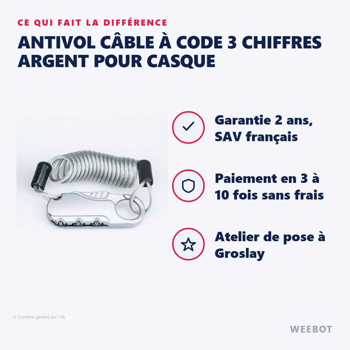 Antivol Câble à Code 3 Chiffres Argent pour Casque : les points forts