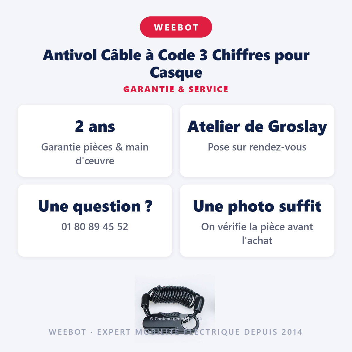Antivol Câble à Code 3 Chiffres pour Casque : garantie 2 ans et service après-vente
