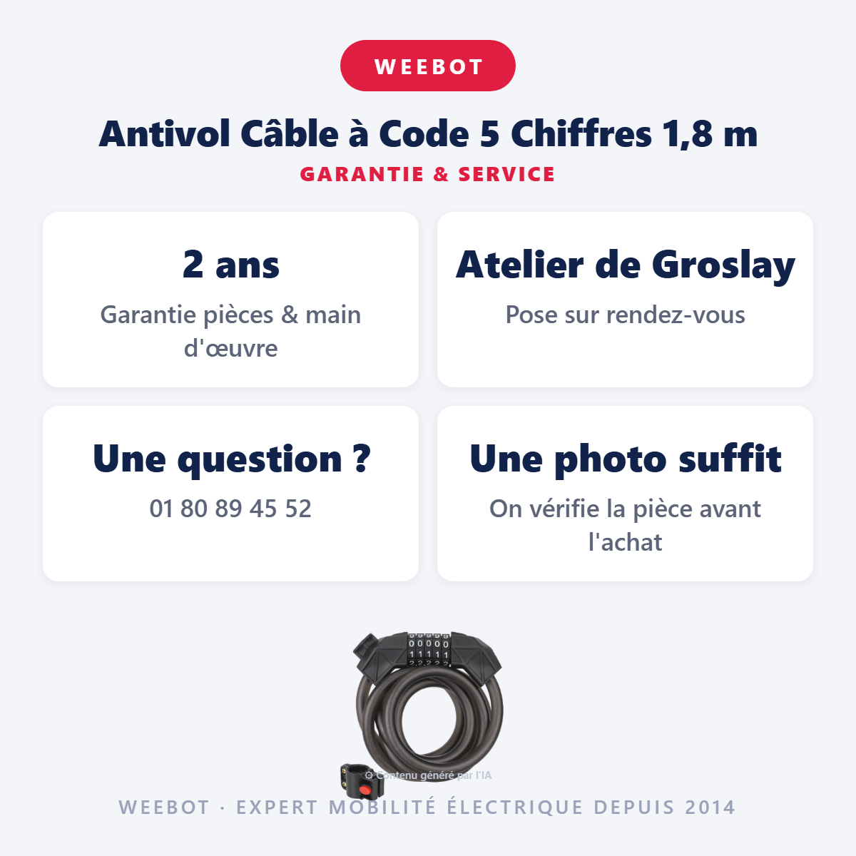 Antivol Câble à Code 5 Chiffres 1,8 m : garantie 2 ans et service après-vente