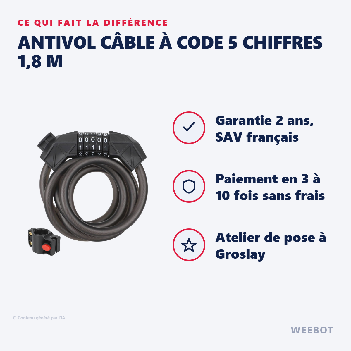 Antivol Câble à Code 5 Chiffres 1,8 m : les points forts