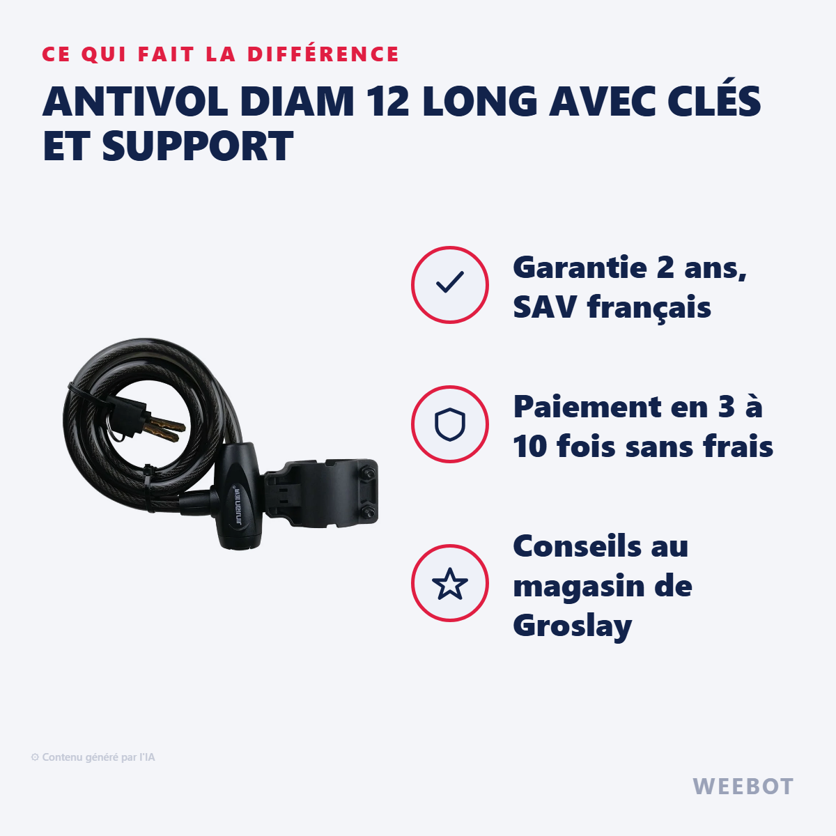 Antivol Diam 12 Long avec Clés et Support : les points forts