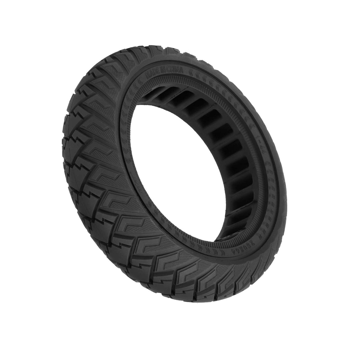 Pneu plein tout-terrain noir 10 pouces 250x64 pour trottinette électrique vu de trois quarts