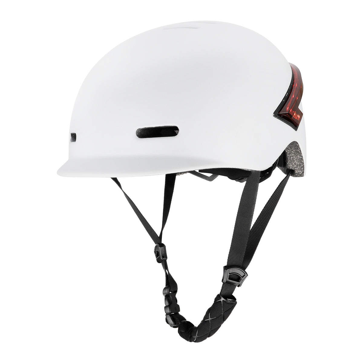 Casque blanc avec feu LED rouge et clignotants à l'arrière vu de profil