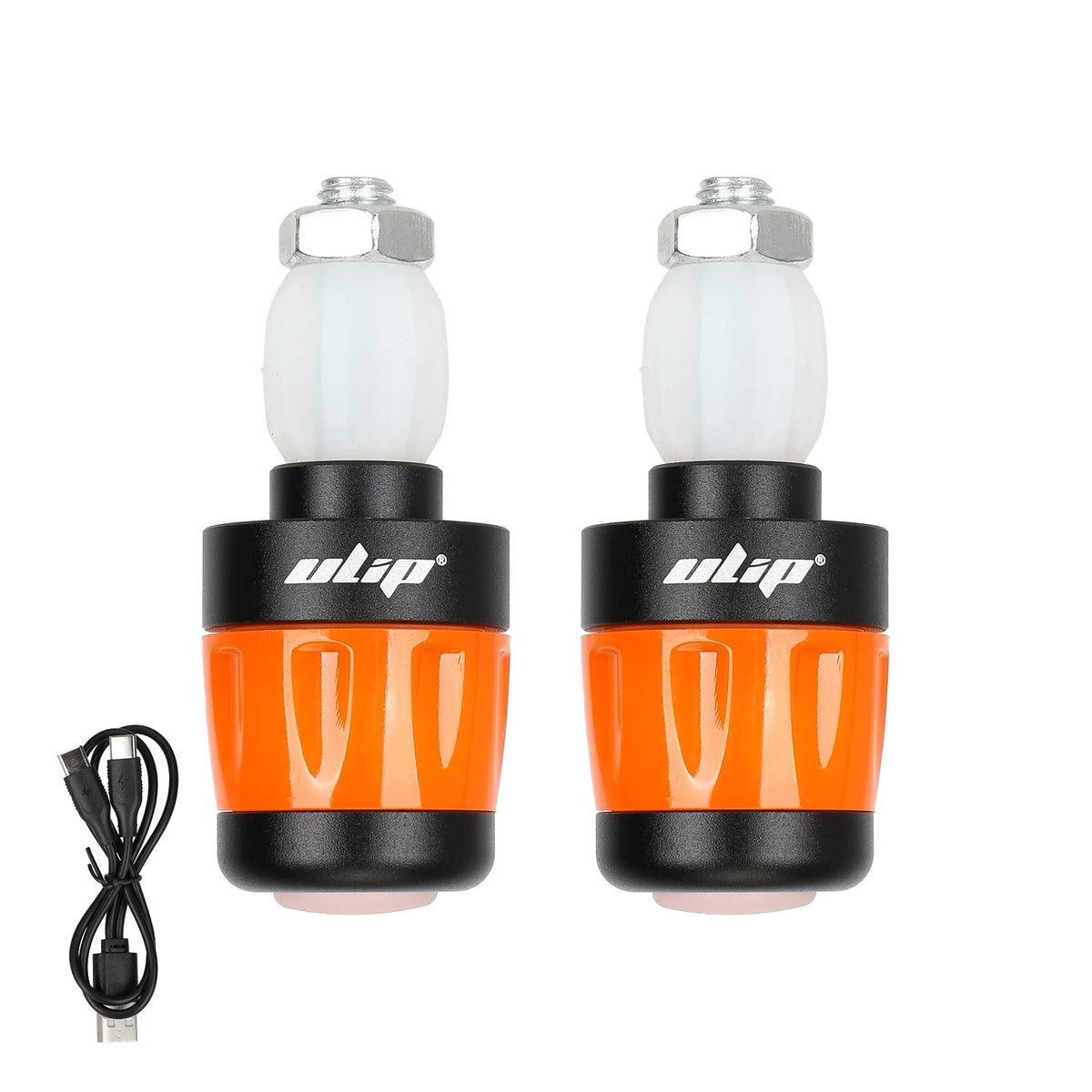 Paire d'embouts de guidon avec clignotants LED noir et orange et leur câble de recharge USB