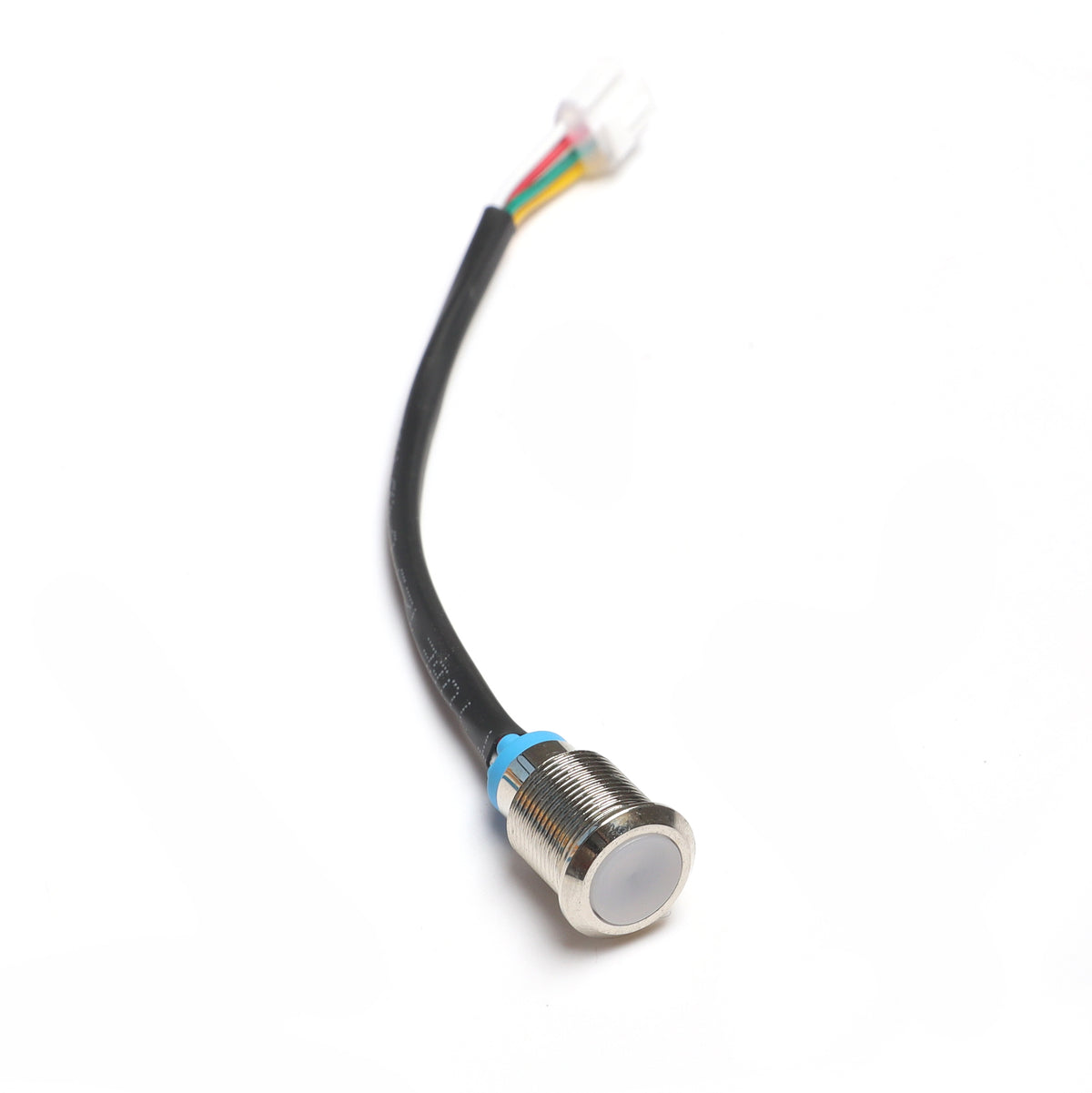 Indicateur de niveau de batterie LED RGB rond en métal avec son câble et connecteur sur fond blanc