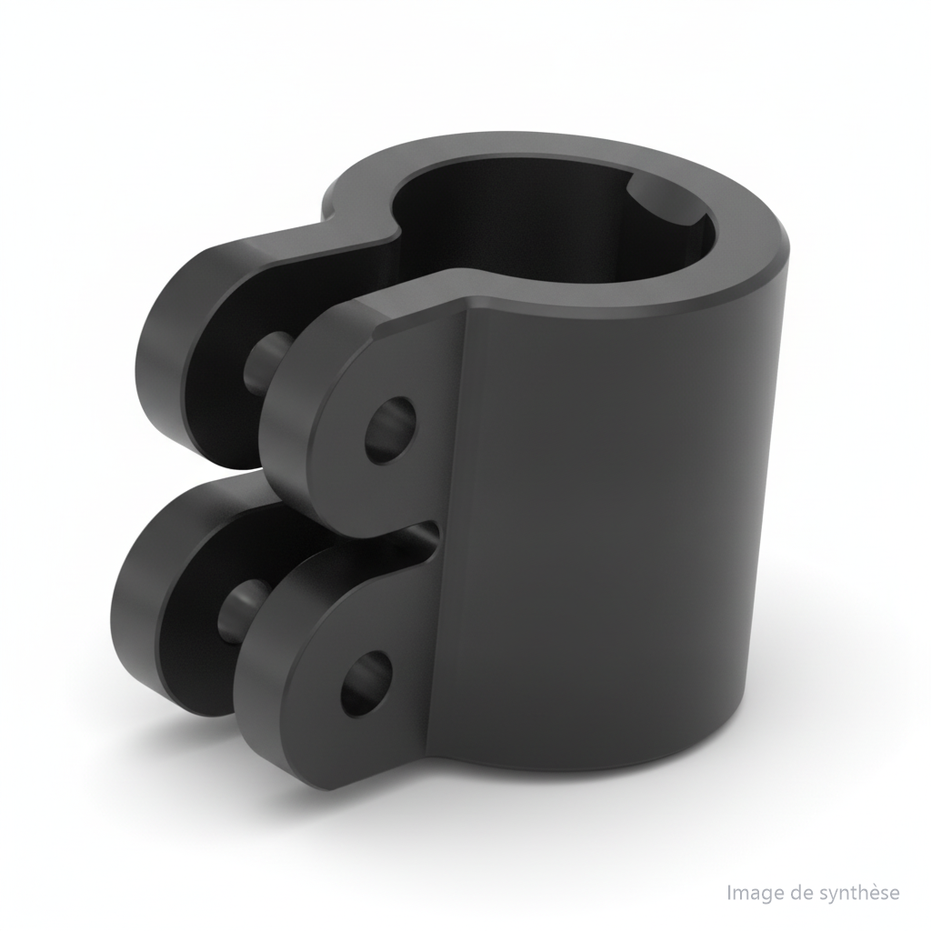 Dessin en perspective d'une bague de serrage double pour potence de trottinette électrique