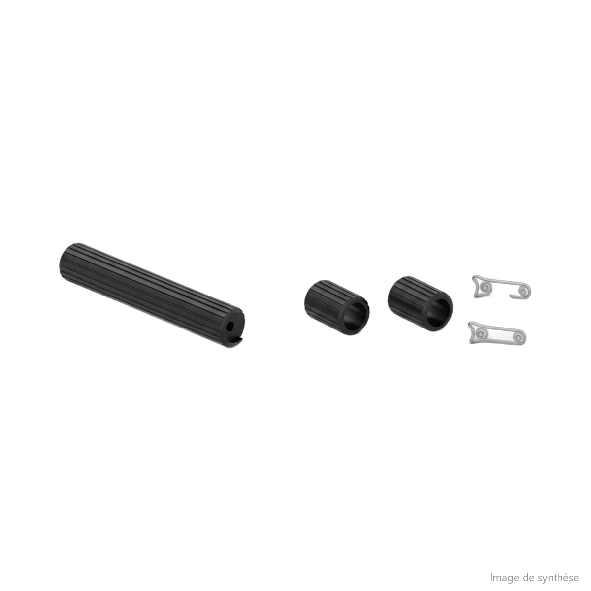 Schéma d'une barre d'accessoires de guidon noire accompagnée de deux embouts et de deux pattes de fixation.
