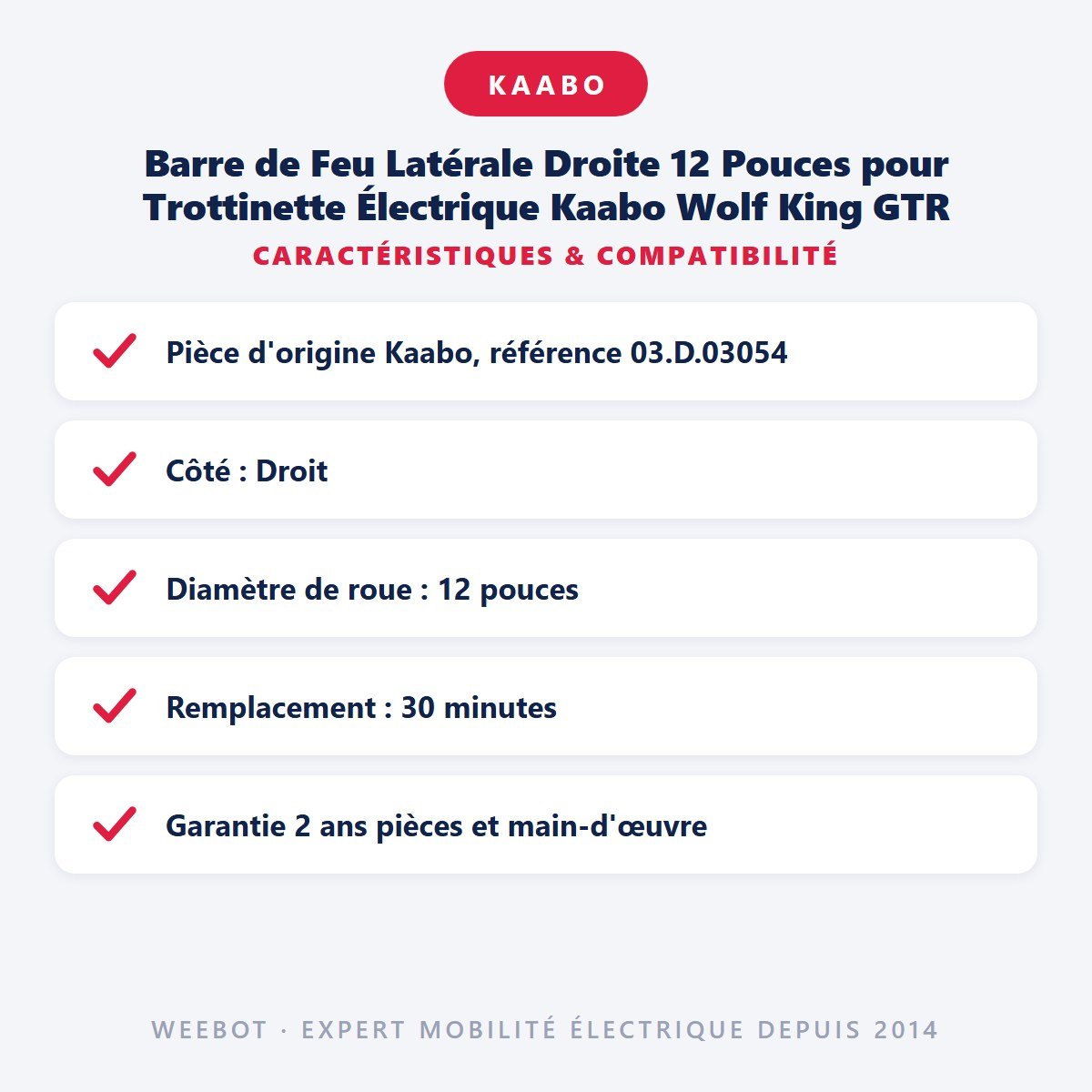Barre de Feu Latérale Droite 12 Pouces pour Trottinette Électrique Kaabo Wolf King GTR - Weebot