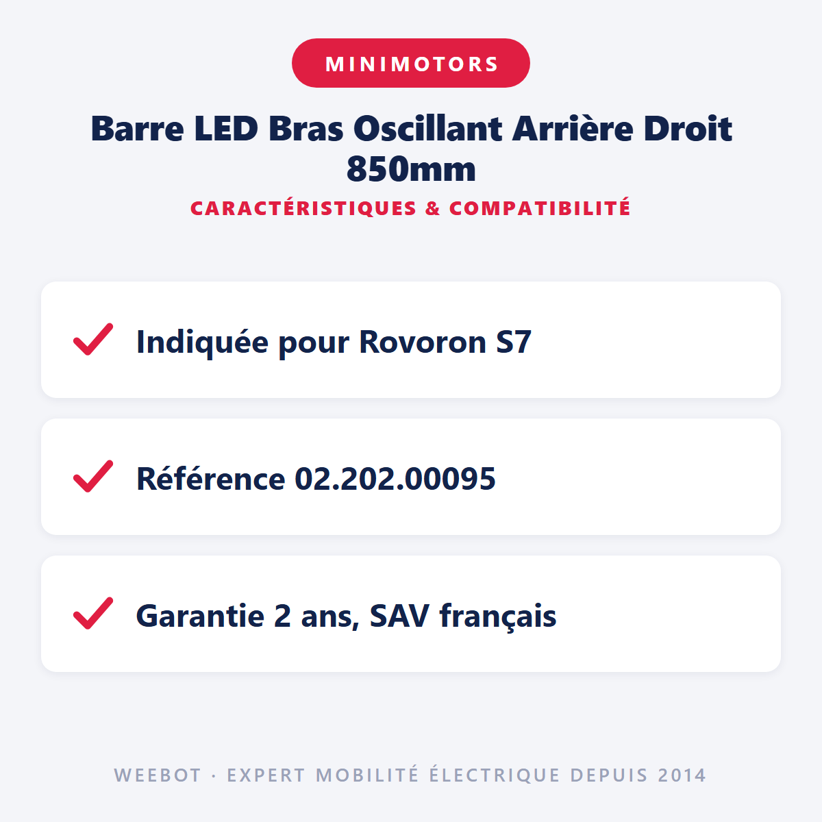Barre LED Bras Oscillant Arrière Droit 850mm : caractéristiques et compatibilité