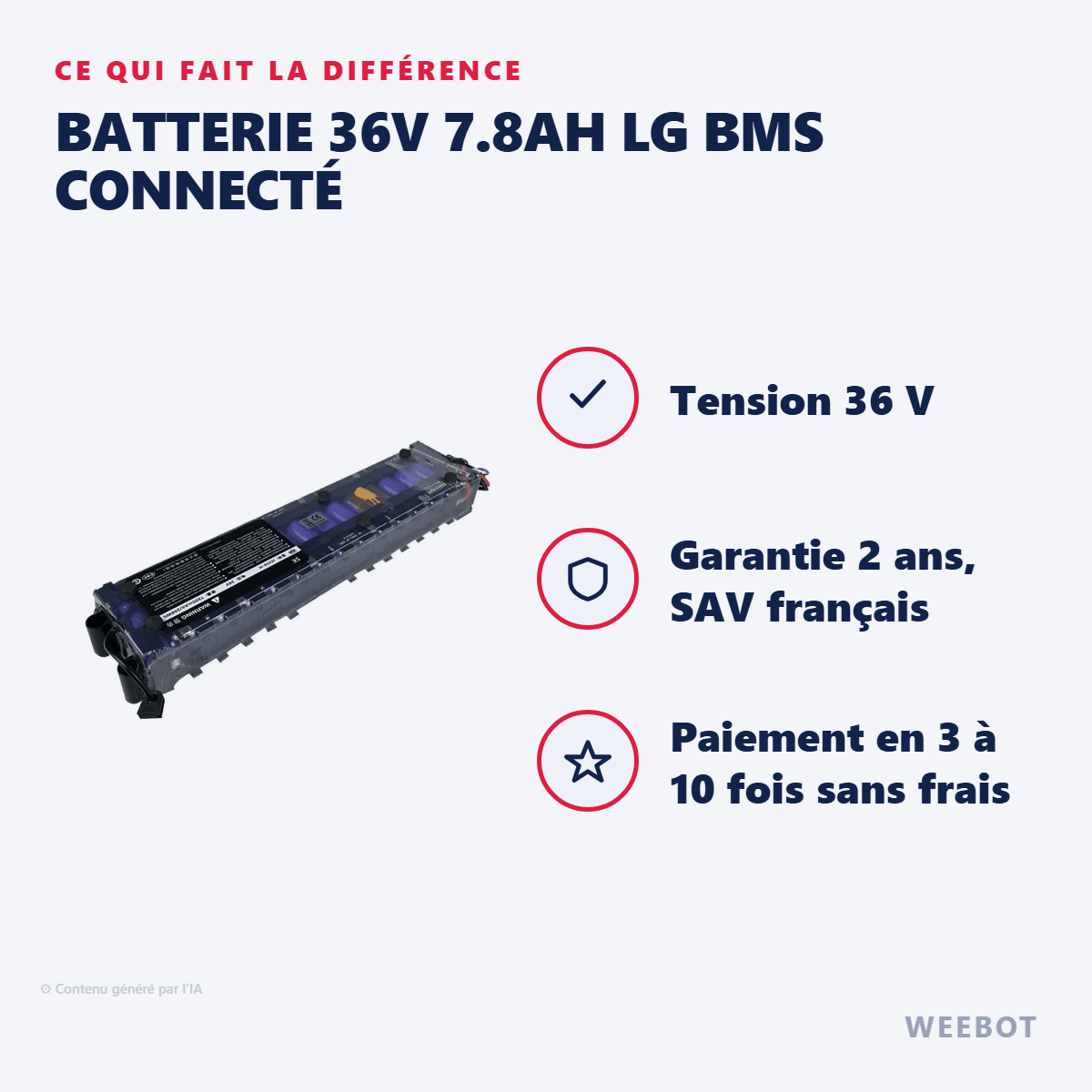 Batterie 36V 7.8Ah LG BMS Connecté pour Trottinette Électrique Xiaomi M365 / 1S / Essential - Weebot