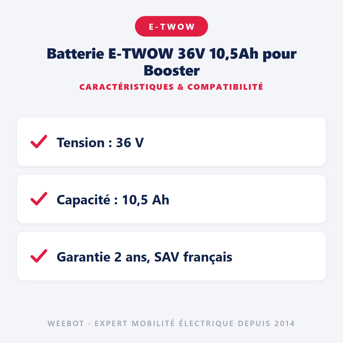 Batterie E-TWOW 36V 10,5Ah pour Booster : caractéristiques et compatibilité