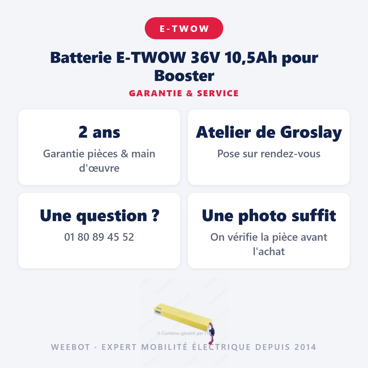 Batterie E-TWOW 36V 10,5Ah pour Booster : garantie 2 ans et service après-vente