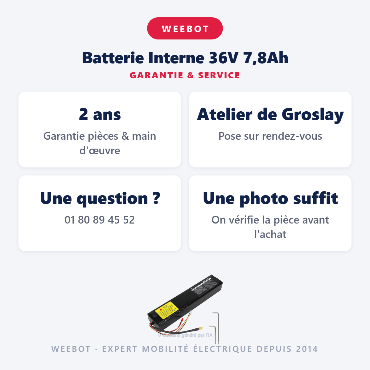 Batterie Interne 36V 7,8Ah : garantie 2 ans et service après-vente