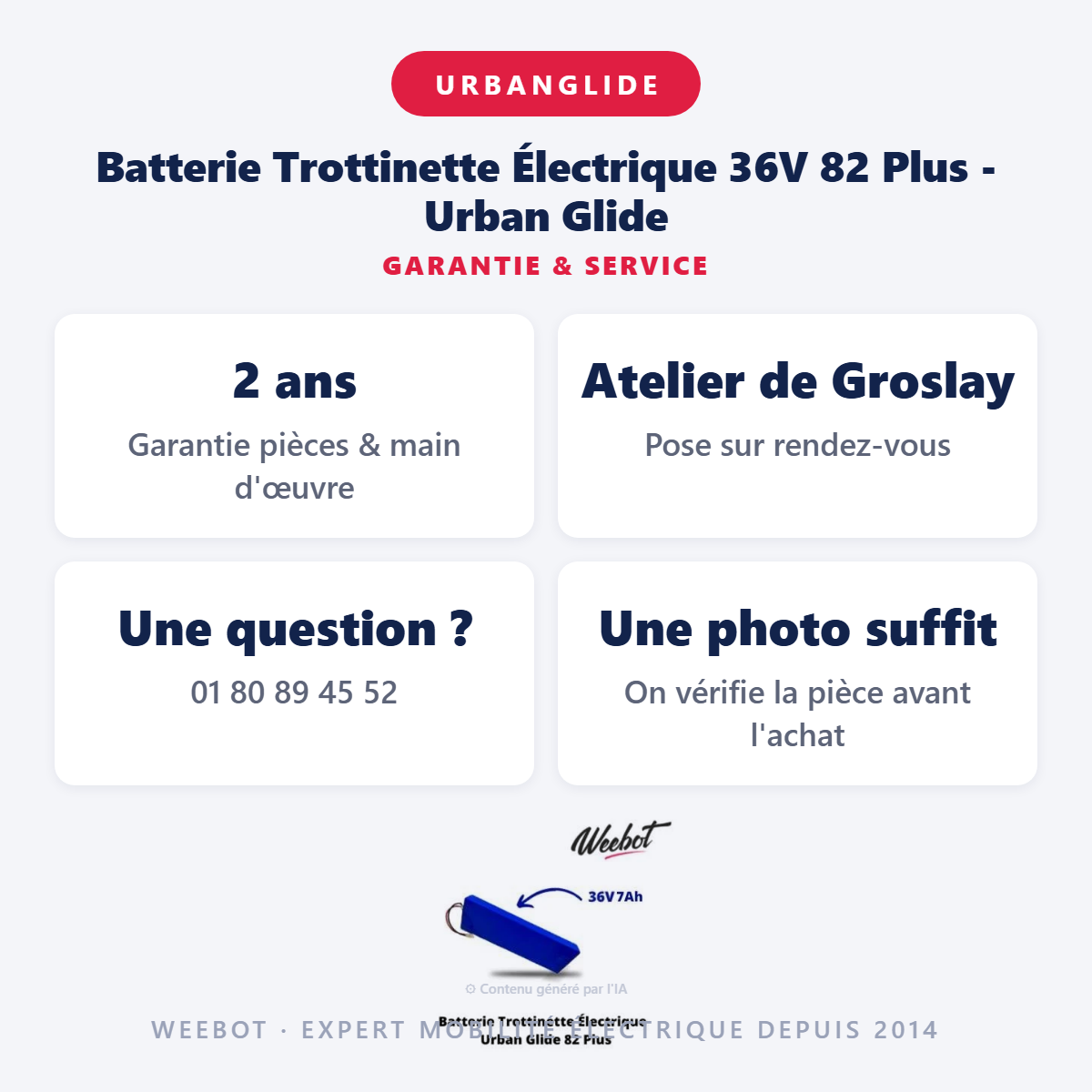 Batterie Trottinette Électrique 36V 82 Plus - Urban Glide : garantie 2 ans et service après-vente