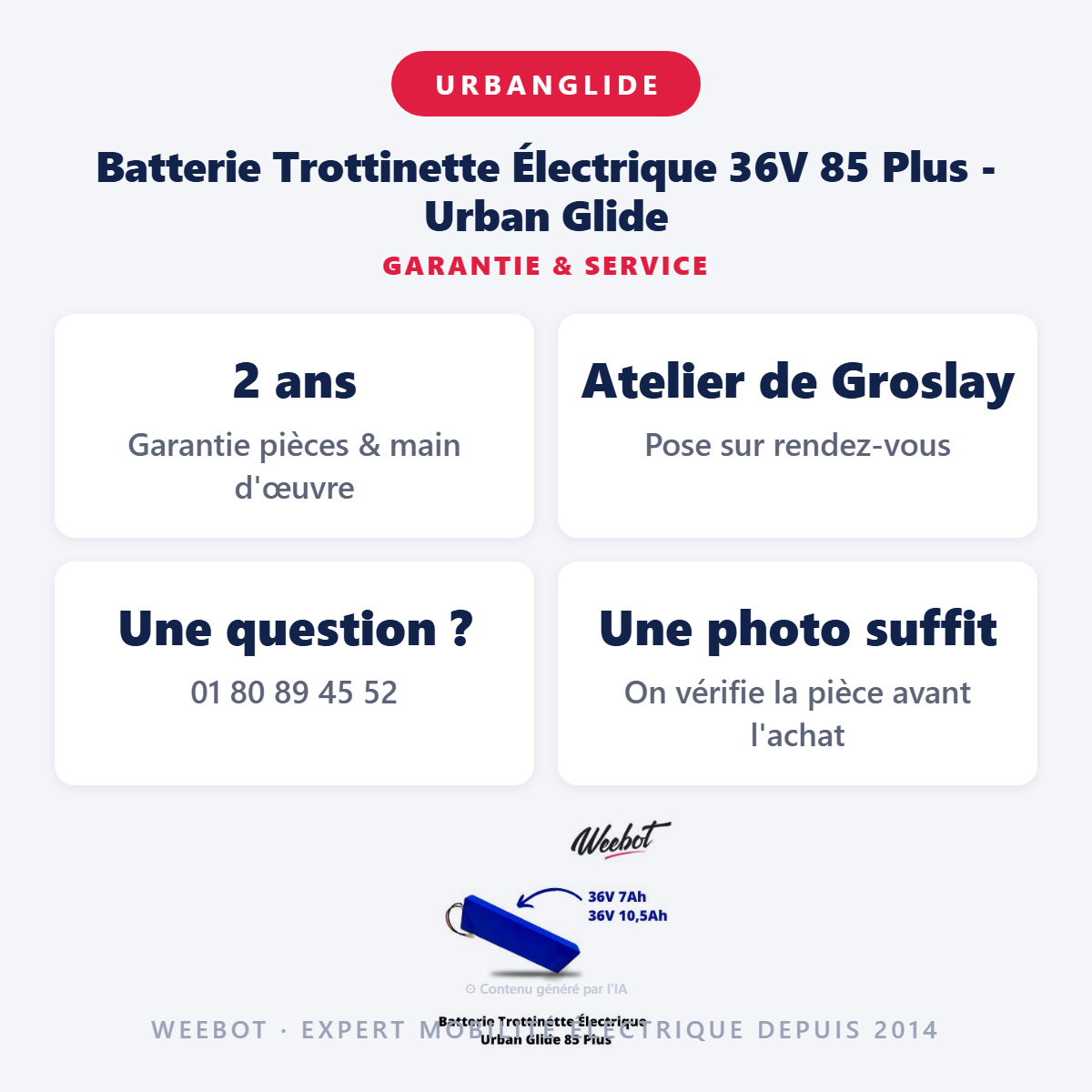 Batterie Trottinette Électrique 36V 85 Plus - Urban Glide : garantie 2 ans et service après-vente
