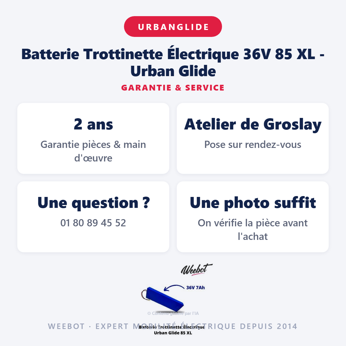 Batterie Trottinette Électrique 36V 85 XL - Urban Glide : garantie 2 ans et service après-vente