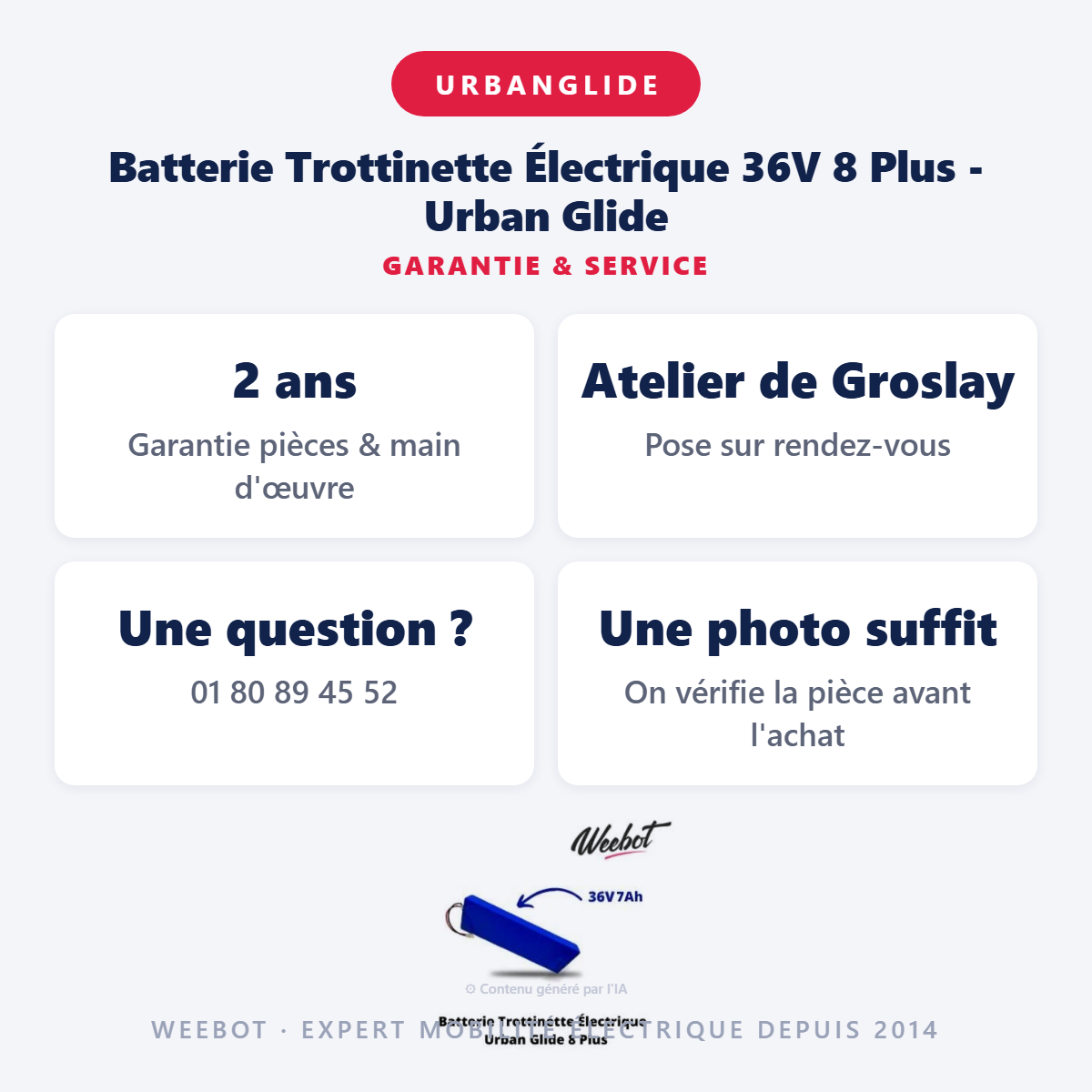 Batterie Trottinette Électrique 36V 8 Plus - Urban Glide : garantie 2 ans et service après-vente