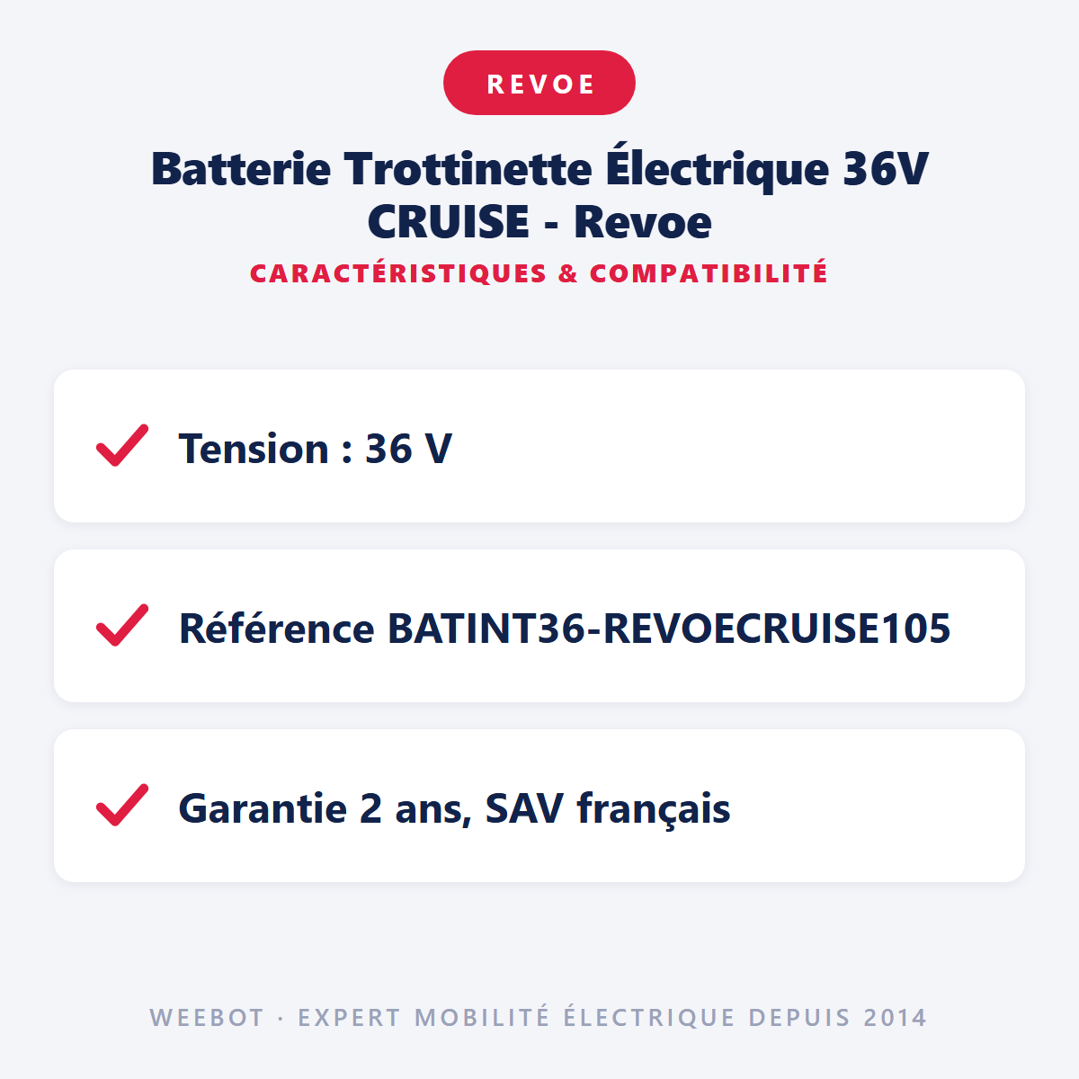 Batterie Trottinette Électrique 36V CRUISE - Revoe : caractéristiques et compatibilité
