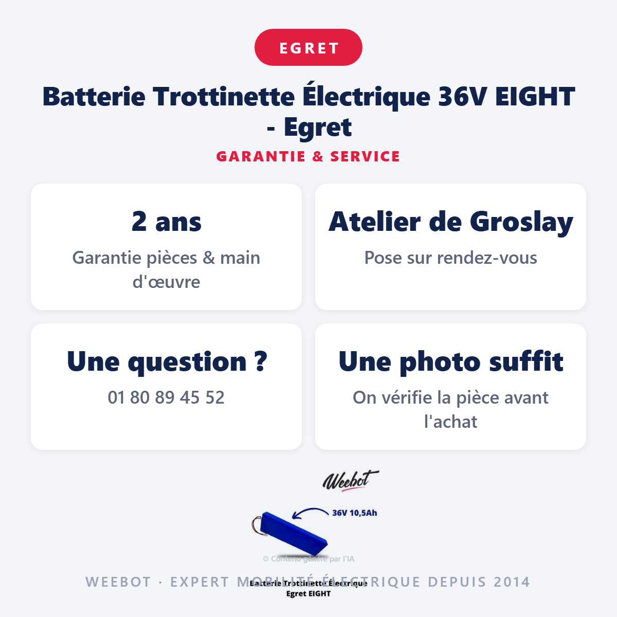 Batterie Trottinette Électrique 36V EIGHT - Egret : garantie 2 ans et service après-vente