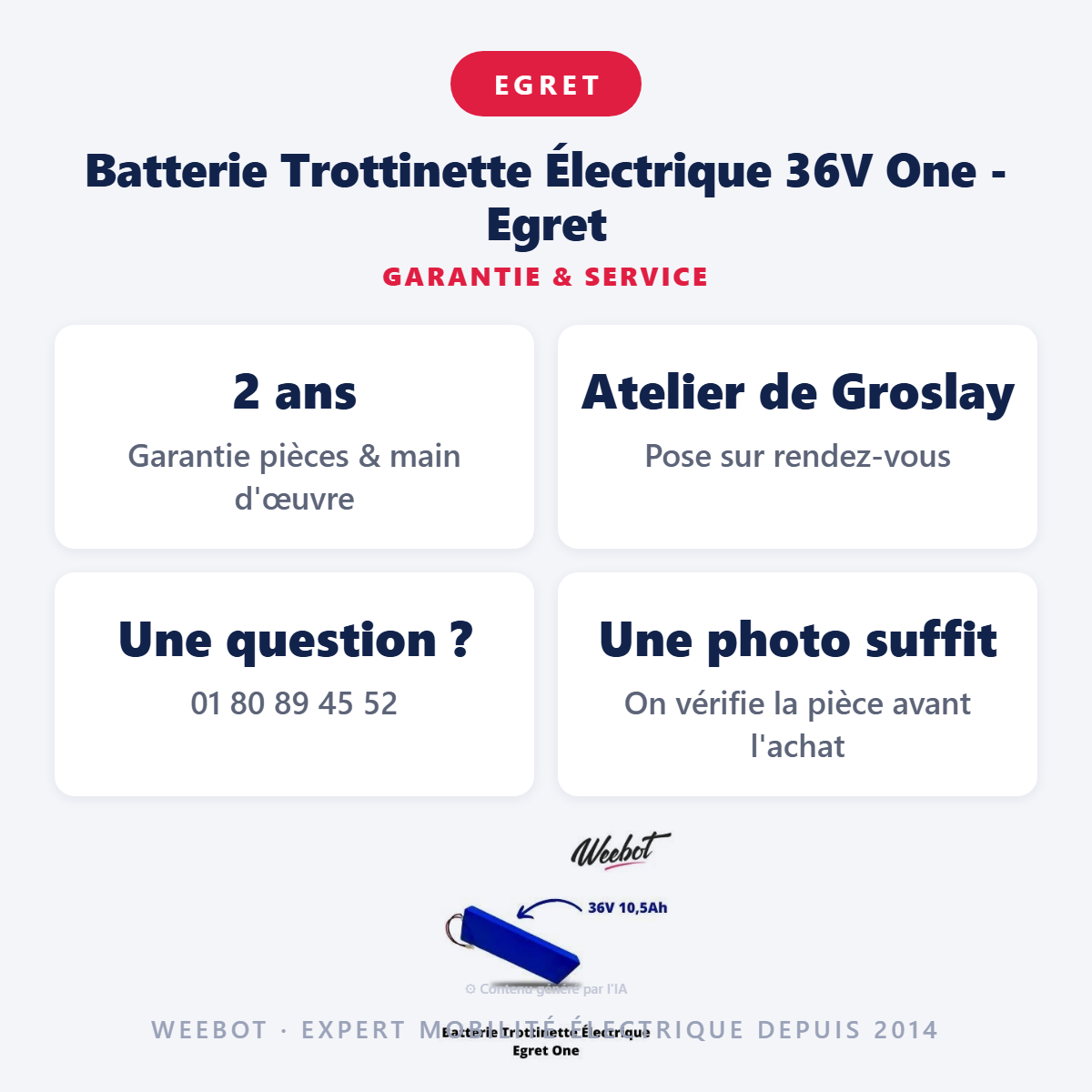 Batterie Trottinette Électrique 36V One - Egret : garantie 2 ans et service après-vente