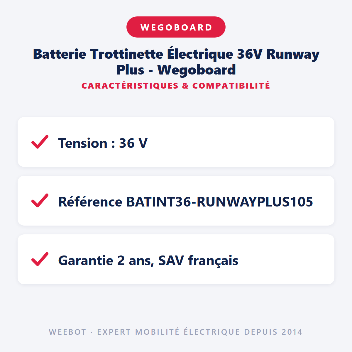 Batterie Trottinette Électrique 36V Runway Plus - Wegoboard : caractéristiques et compatibilité