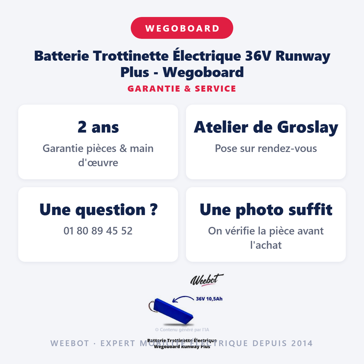 Batterie Trottinette Électrique 36V Runway Plus - Wegoboard : garantie 2 ans et service après-vente