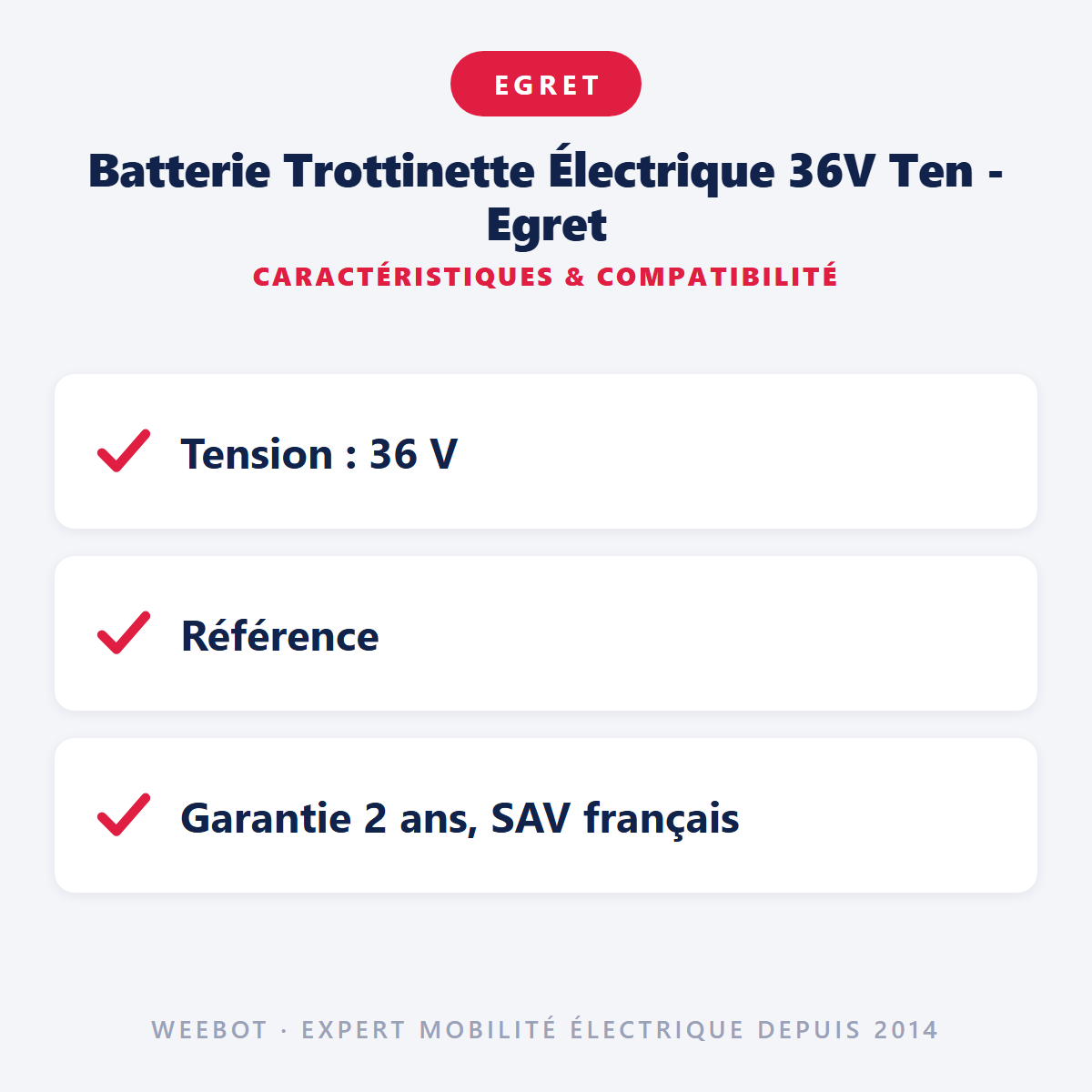 Batterie Trottinette Électrique 36V Ten - Egret : caractéristiques et compatibilité