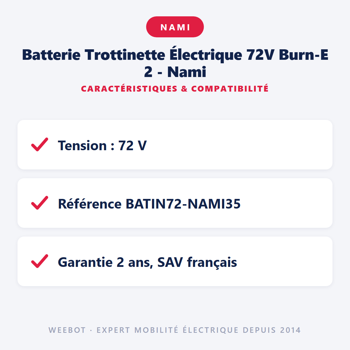 Batterie Trottinette Électrique 72V Burn-E 2 - Nami : caractéristiques et compatibilité