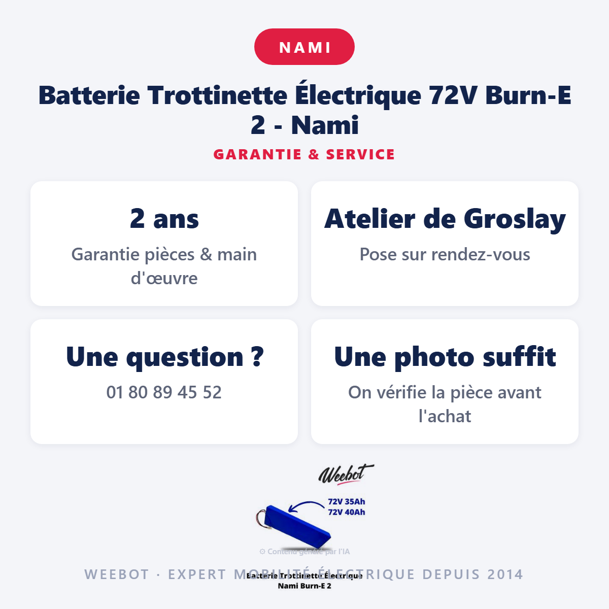 Batterie Trottinette Électrique 72V Burn-E 2 - Nami : garantie 2 ans et service après-vente