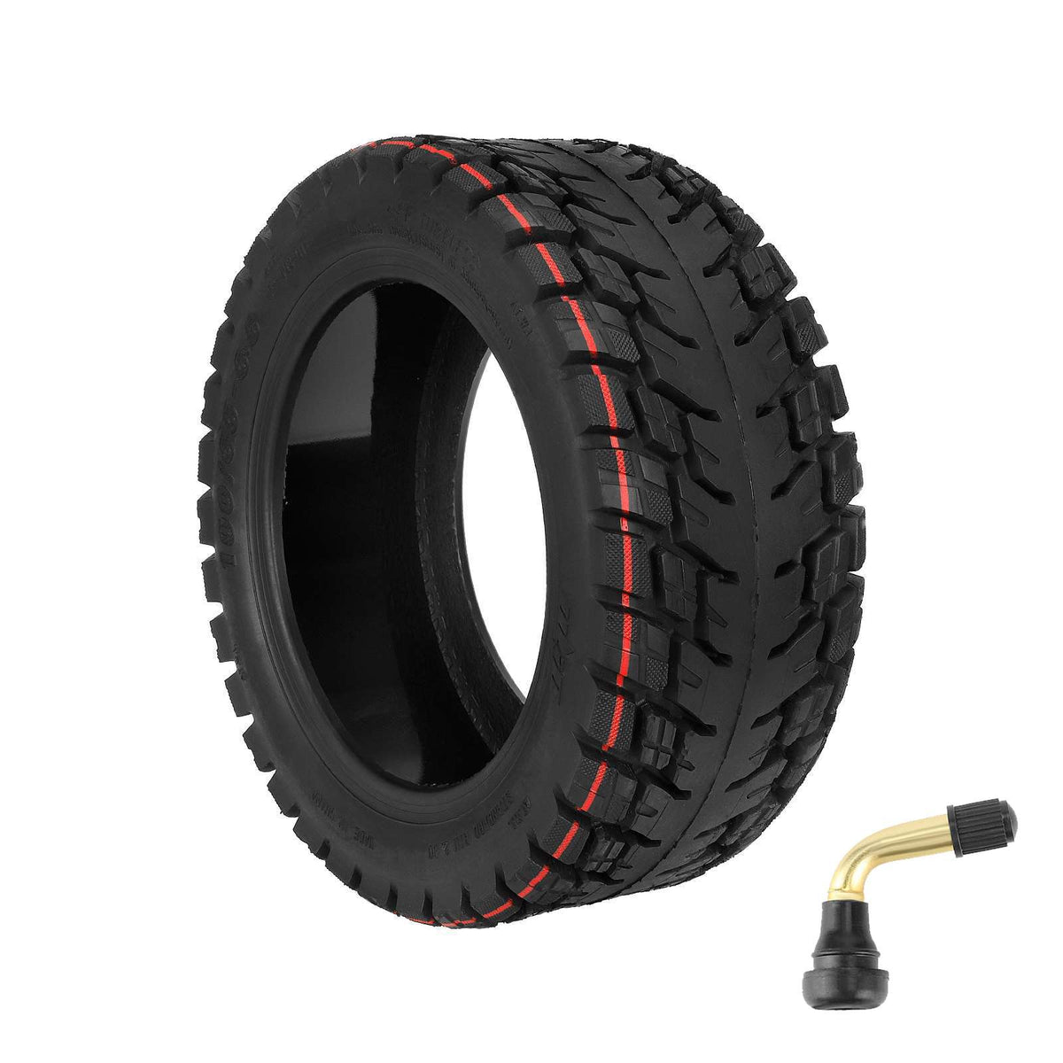 Pneu tubeless tout-terrain 10 pouces noir avec bandes rouges et valve coudée