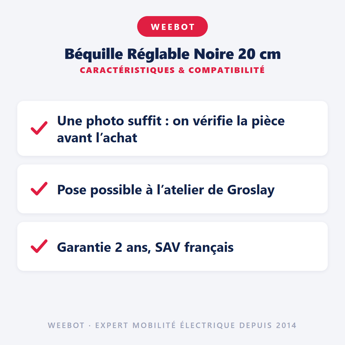Béquille Réglable Noire 20 cm : caractéristiques et compatibilité