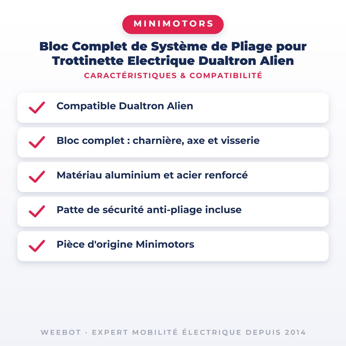 Bloc Complet de Système de Pliage pour Trottinette Electrique Dualtron Alien — caractéristiques et compatibilité