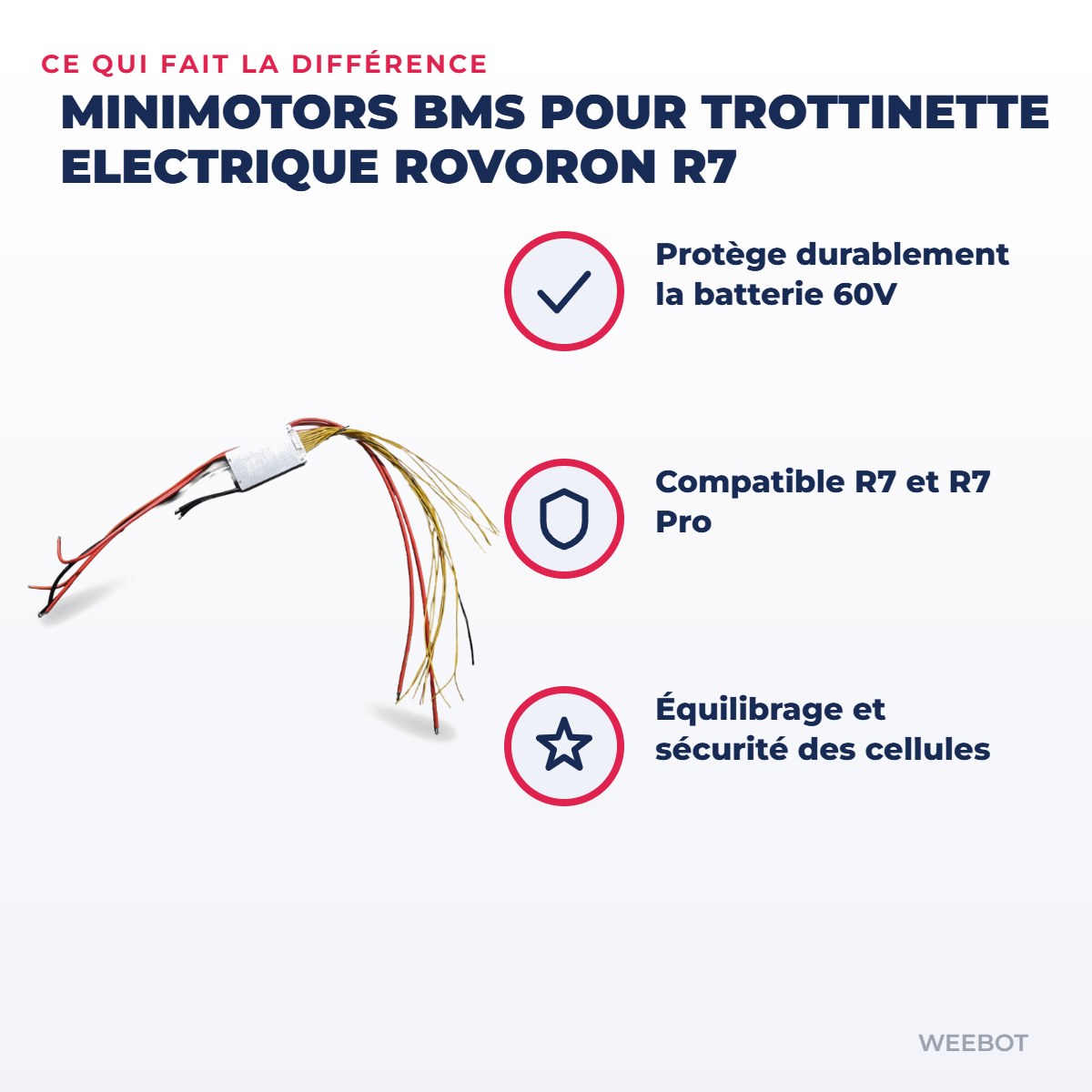 BMS pour Trottinette Electrique Rovoron R7 — points forts : Protège durablement la batterie 60V, Compatible R7 et R7 Pro