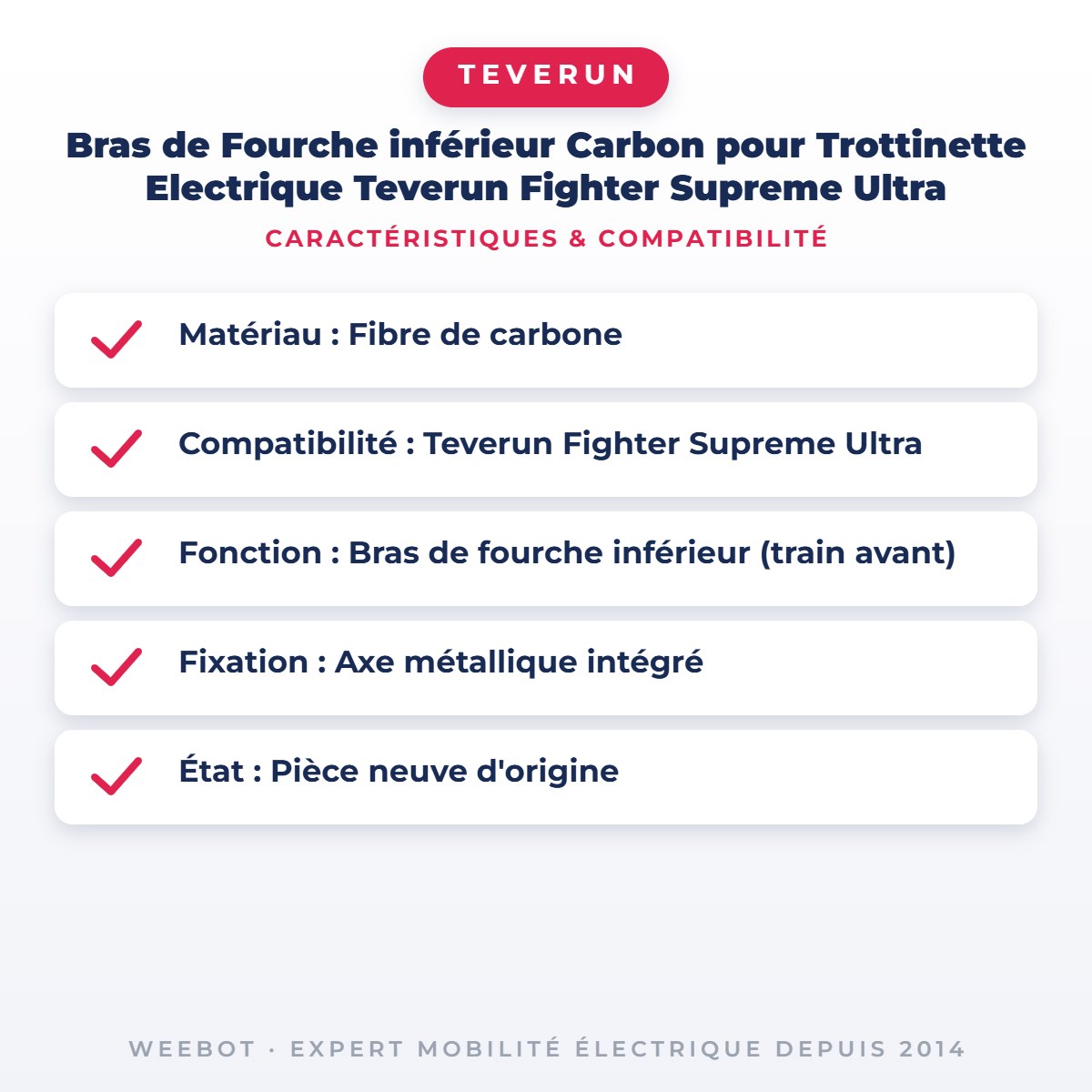 Bras de Fourche inférieur Carbon pour Trottinette Electrique Teverun Fighter Supreme Ultra — caractéristiques et