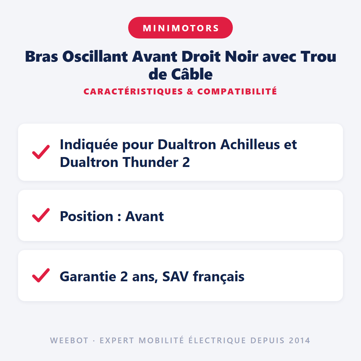 Bras Oscillant Avant Droit Noir avec Trou de Câble : caractéristiques et compatibilité