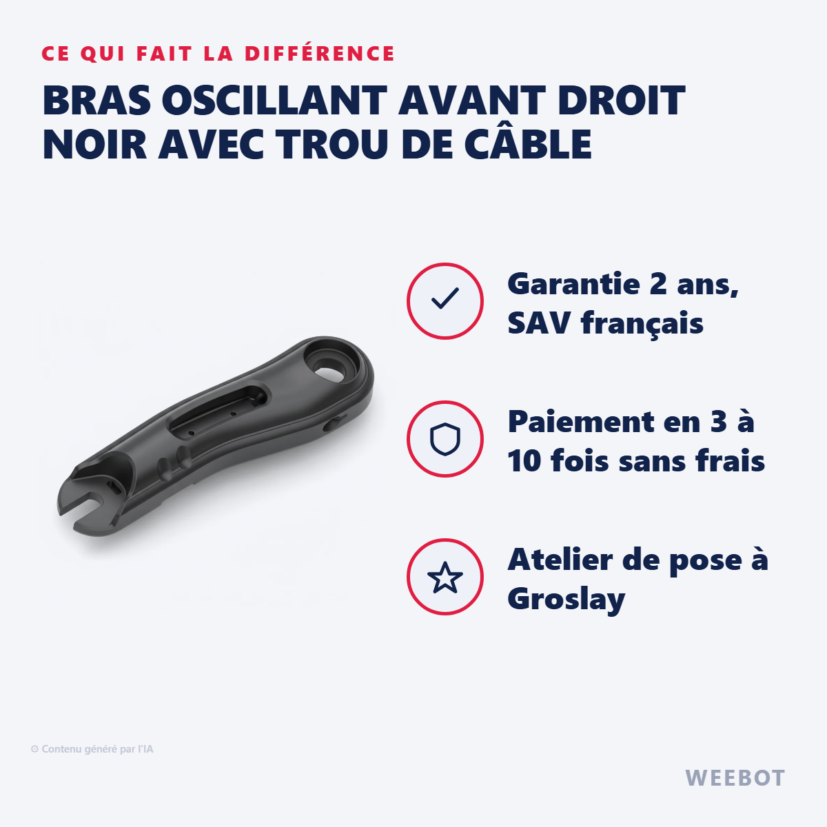 Bras Oscillant Avant Droit Noir avec Trou de Câble : les points forts