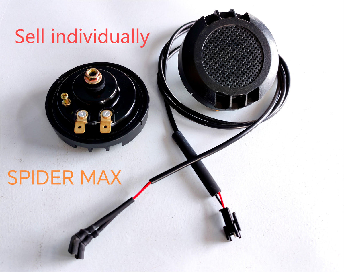 Klaxon électrique noir de trottinette électrique Dualtron Spider Max vu de face et de dos avec son câble de connexion