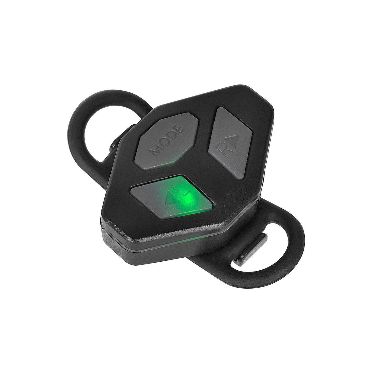Télécommande sans fil noire avec boutons de direction et voyant vert