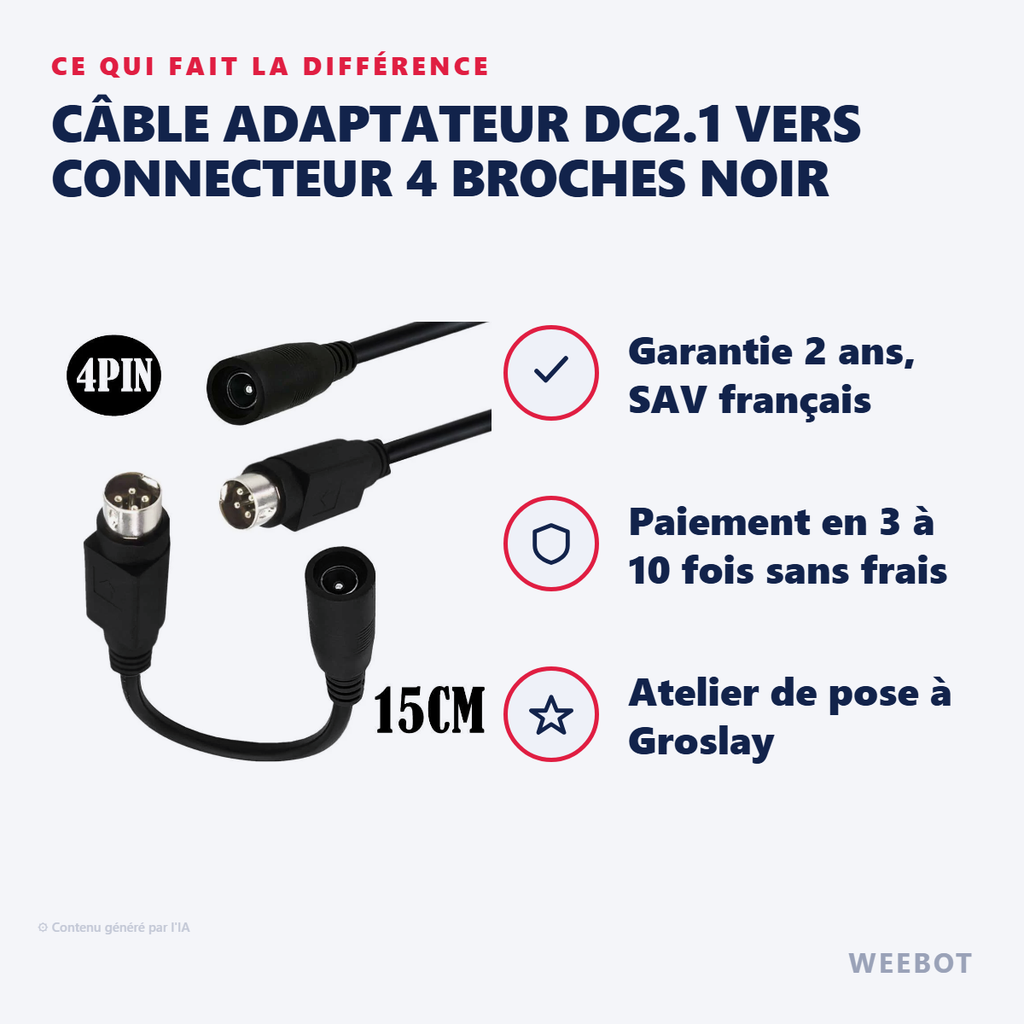 Câble Adaptateur DC2.1 4 Broches 15 cm - Pas Cher