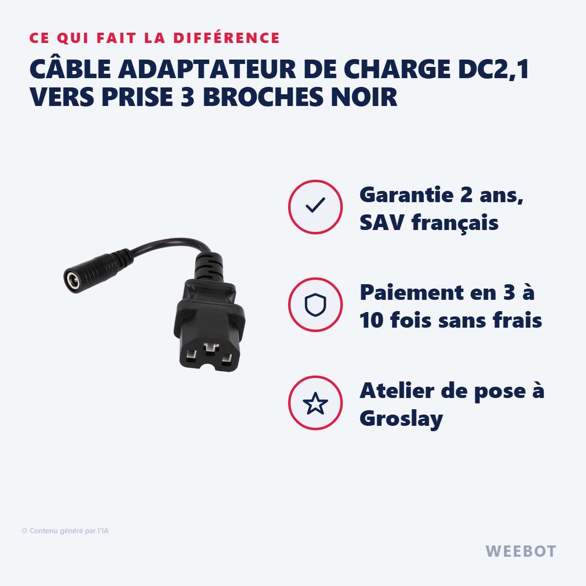 Câble Adaptateur de Charge DC2,1 vers Prise 3 Broches Noir : les points forts