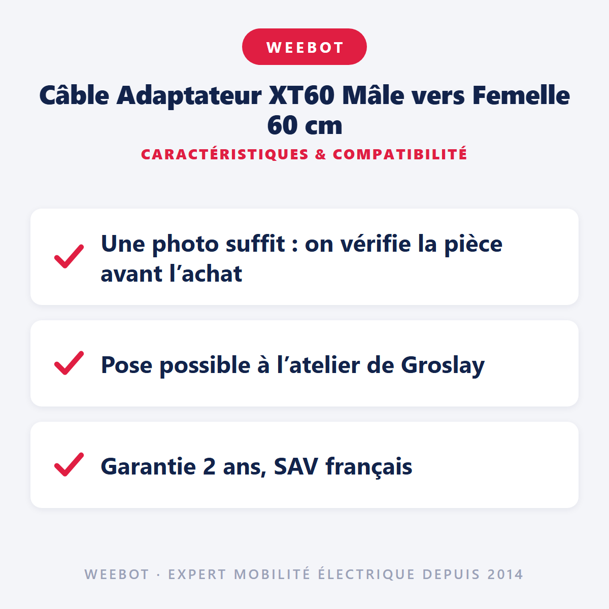 Câble Adaptateur XT60 Mâle vers Femelle 60 cm : caractéristiques et compatibilité