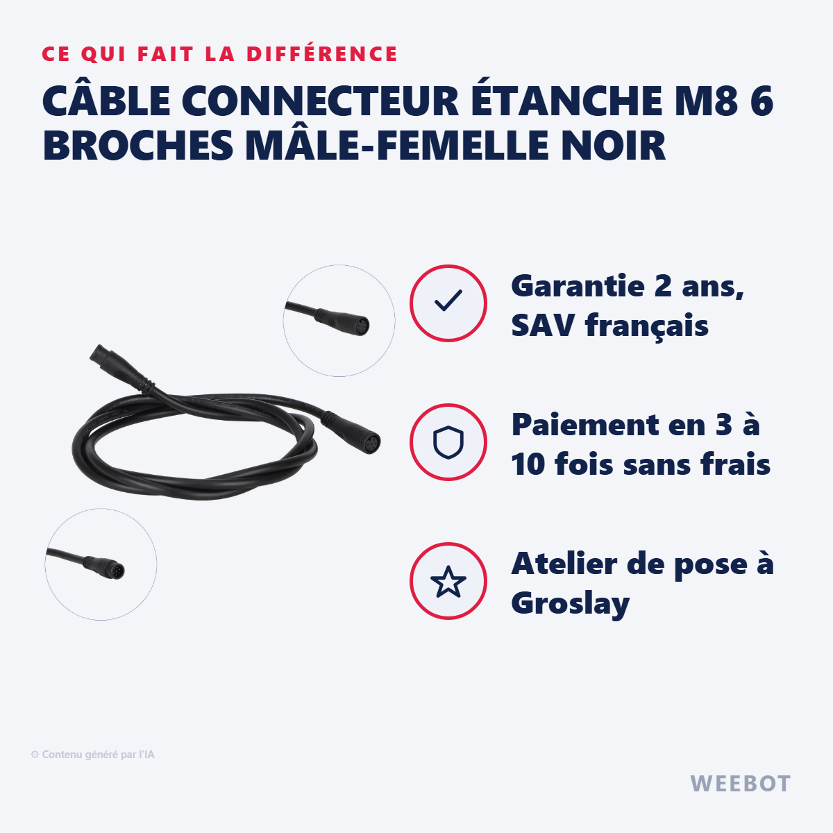 Câble Connecteur Étanche M8 6 Broches Mâle-Femelle Noir : les points forts