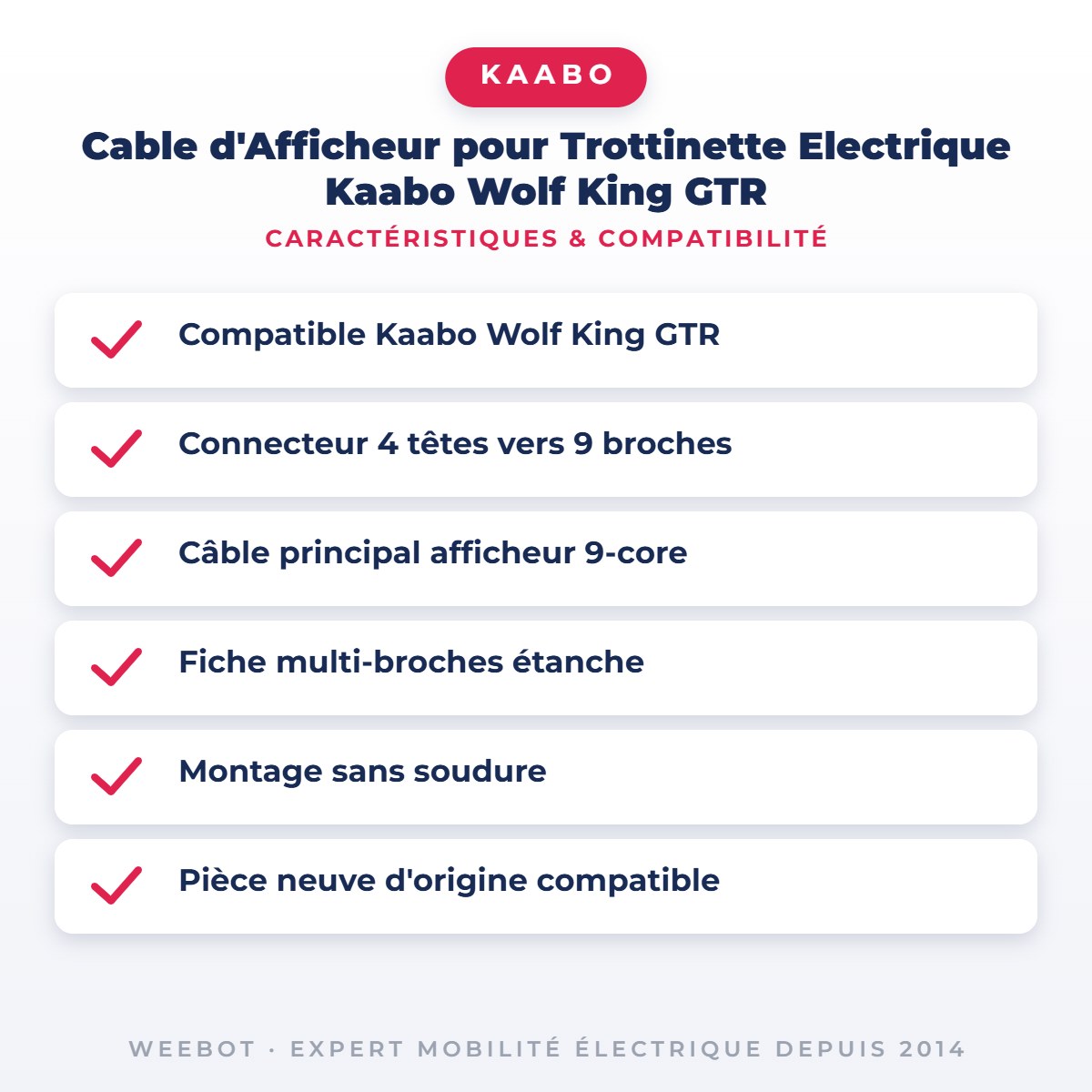 Cable d'Afficheur pour Trottinette Electrique Kaabo Wolf King GTR — caractéristiques et compatibilité