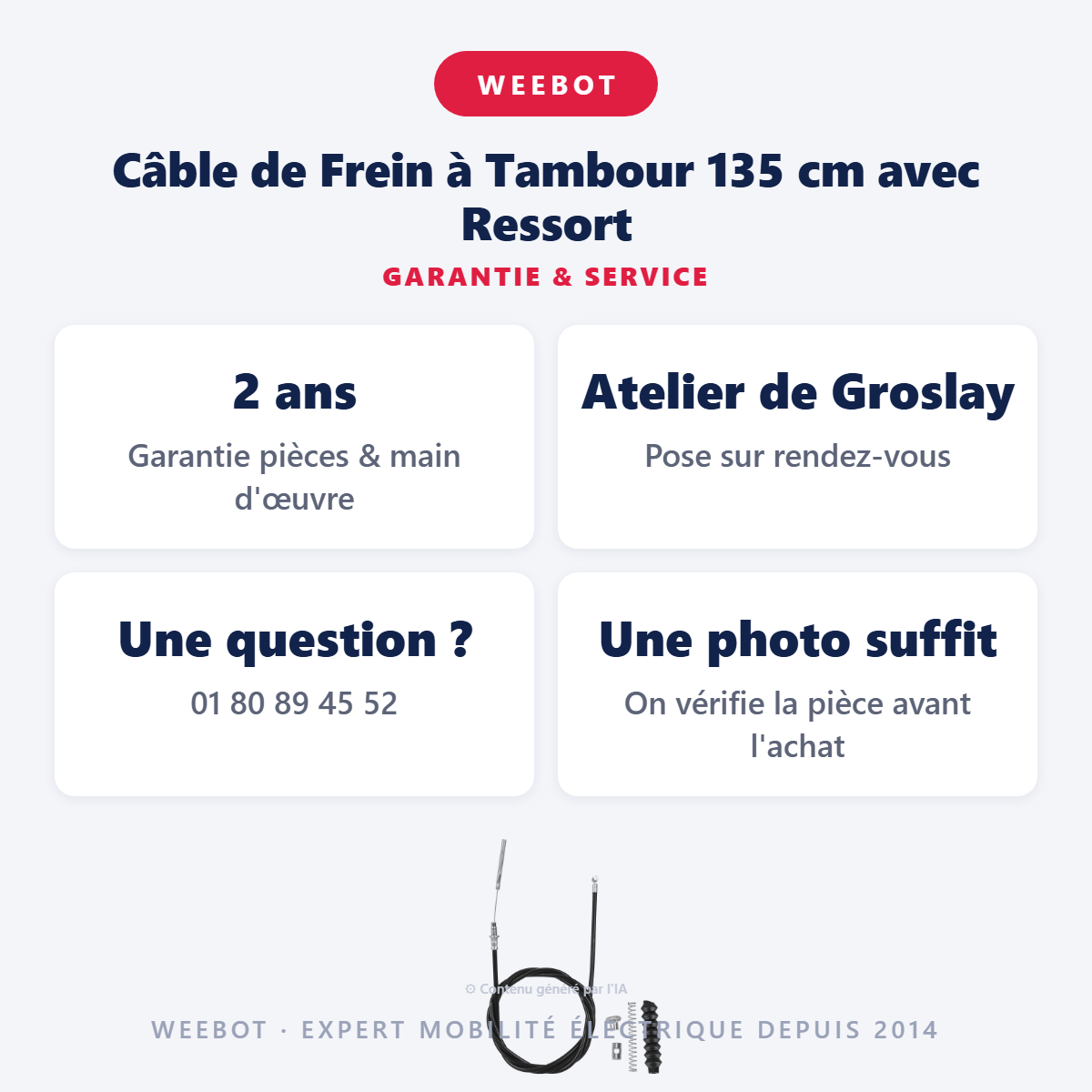 Câble de Frein à Tambour 135 cm avec Ressort : garantie 2 ans et service après-vente
