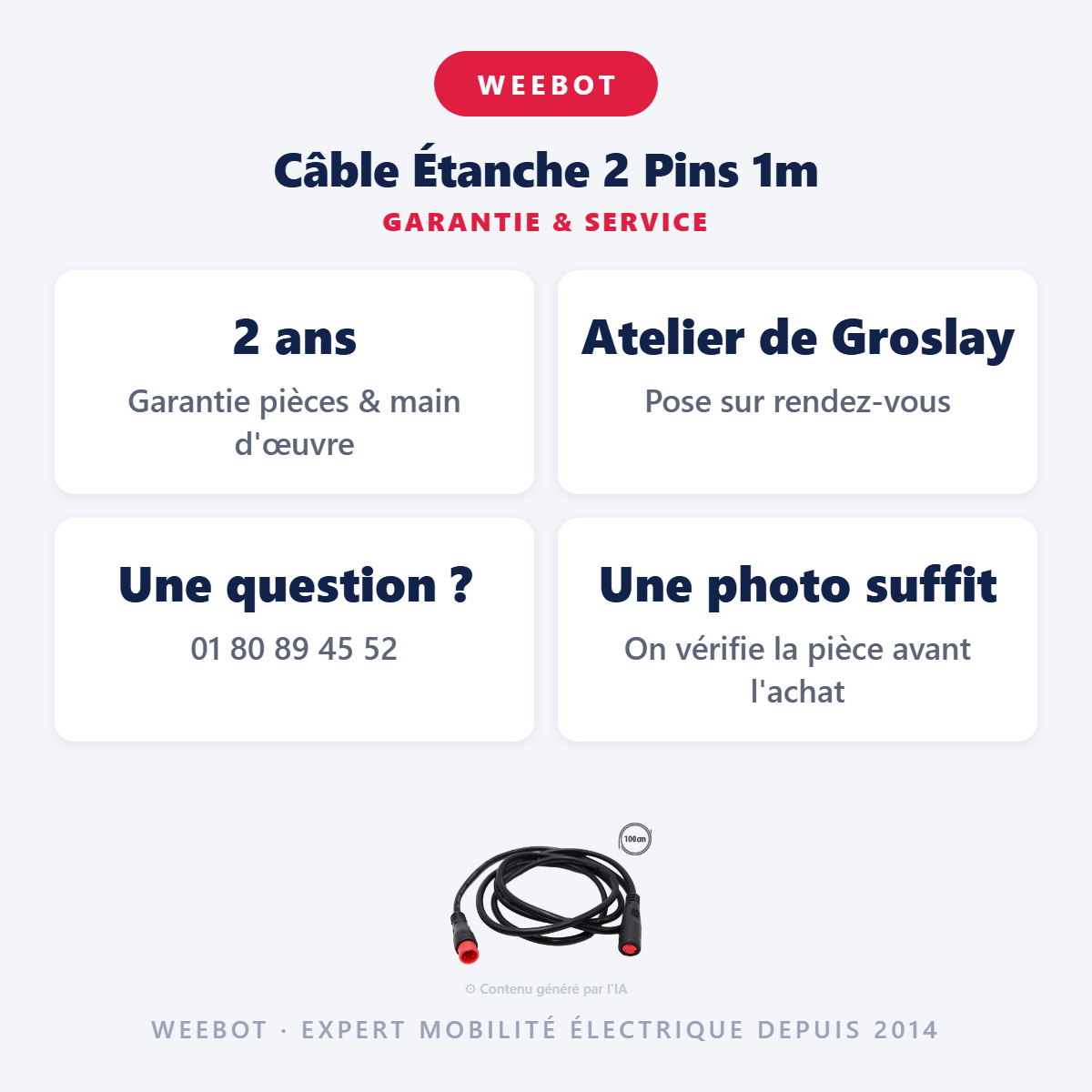 Câble Étanche 2 Pins 1m : garantie 2 ans et service après-vente