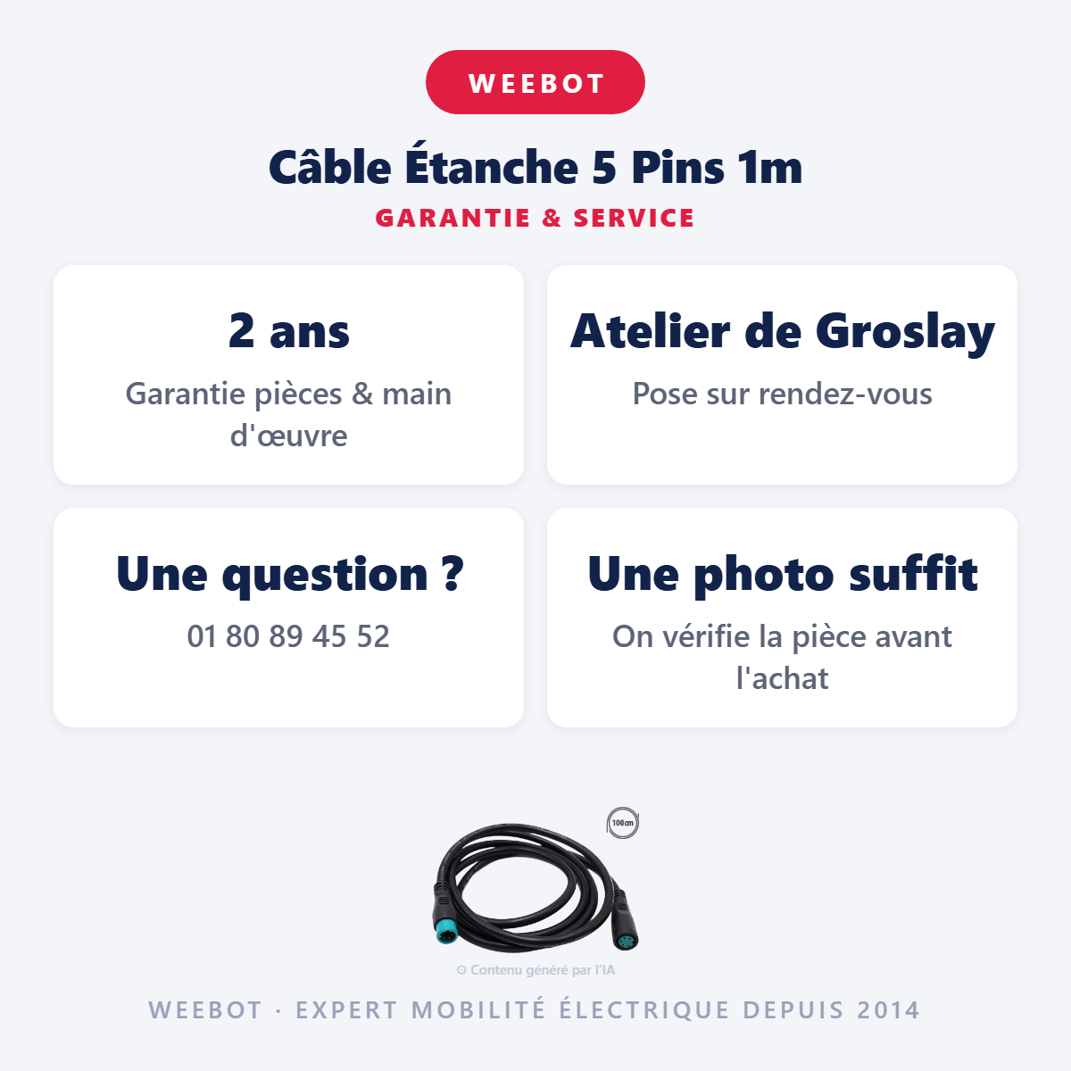 Câble Étanche 5 Pins 1m : garantie 2 ans et service après-vente