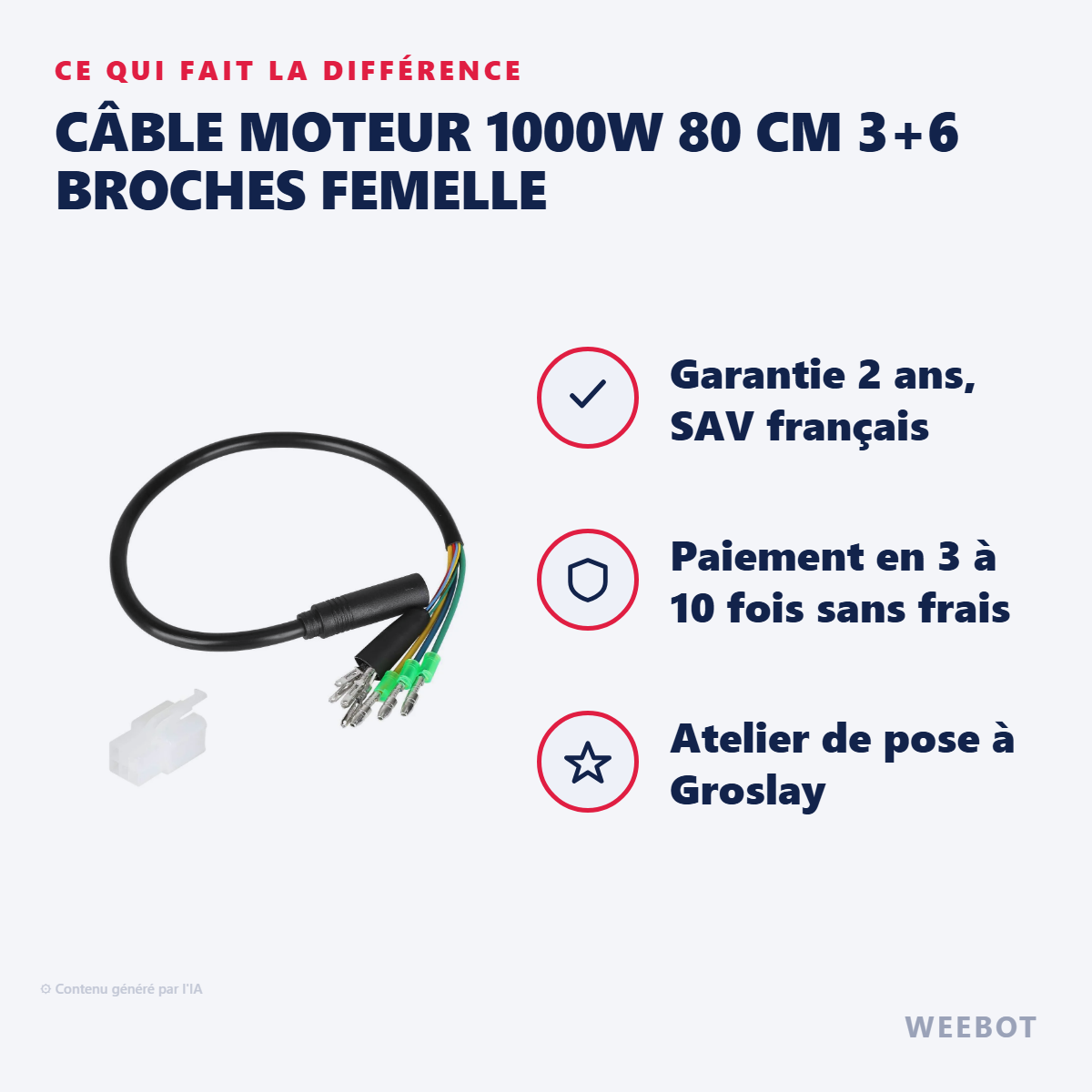 Câble Moteur 1000W 80 cm 3+6 Broches Femelle : les points forts